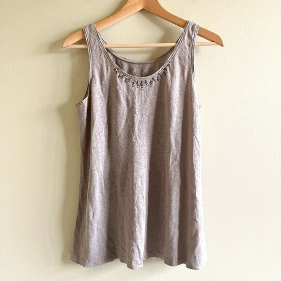 EILEEN FISHER Tank Top 100% Linen Jersey Sequin Embellished Scoop Neck Brown XS - Picture 1 of 6